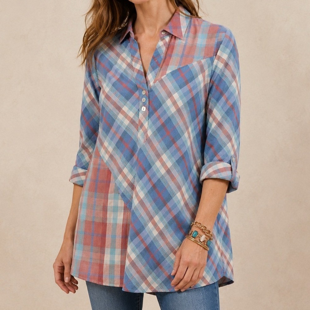 Soft Surroundings Blue and Coral Plaid Pullover Button-Down Tunic
